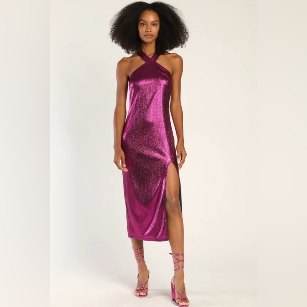 New! Lulus Shining Pretty Magenta Metallic Halter Dress Celebration